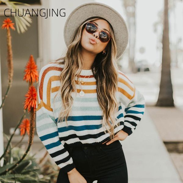 

мода осень зима пуловер вязаный свитер женщины повседневная о-образным вырезом с длинным рукавом полосатый свитер дамы сладкая уличная одежд, White;black