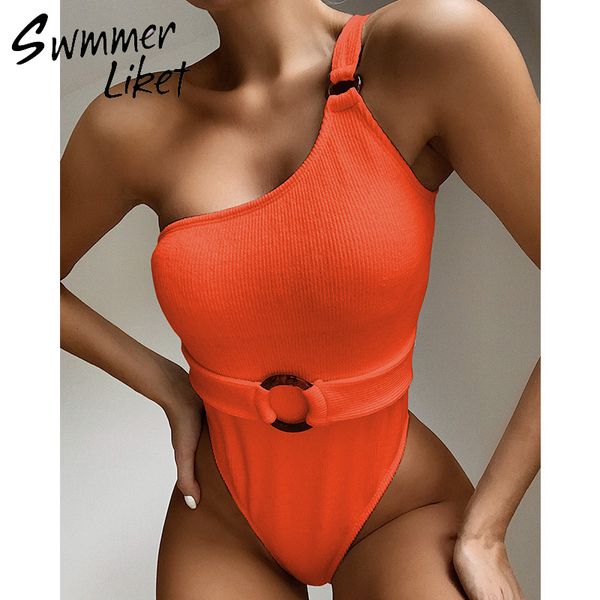 

solid one shoulder swimwear vintage swimsuit women 2020 belt bathing suit bathers high cut bikini monokini new bodysuit mujer, White;black