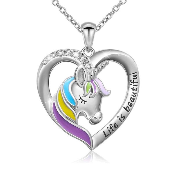 

life is beautiful letter unicorn heart pendant necklace for women teen girl gift silver chain jewelry