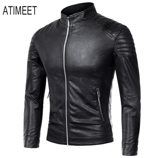 

men's fur & faux mens leather jackets motorcycle stand collar zipper pockets autumn male pu coats biker fashion outerwear, Black