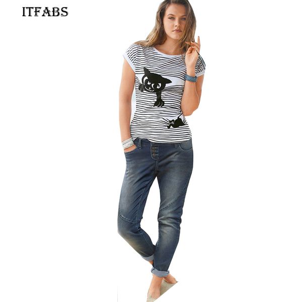 

fashion summer women cat patten printed striped loose short sleeve cotton casual t-shirt, White