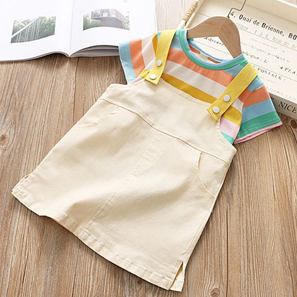 

summer baby girl clothes short sleeve cotton striped print girl t-shirt blouse strap skirts dress casual outfits baby set new, White