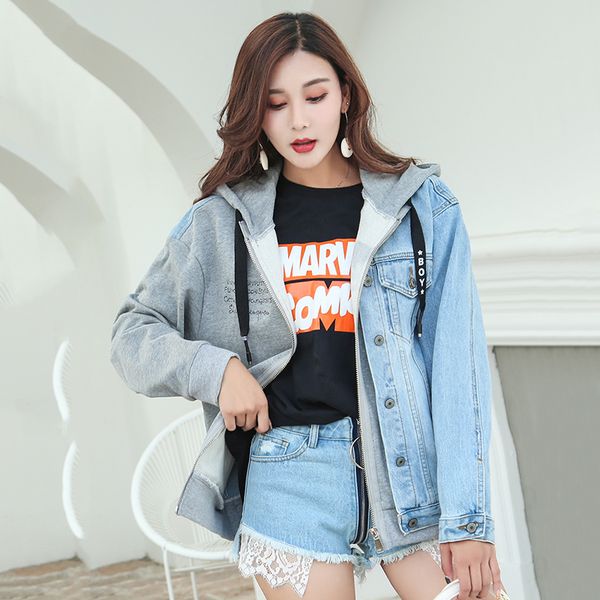 

color block patchwork gray jean jacket for women loose casual fashionable denim coats female outwear denim feminine, Black;brown