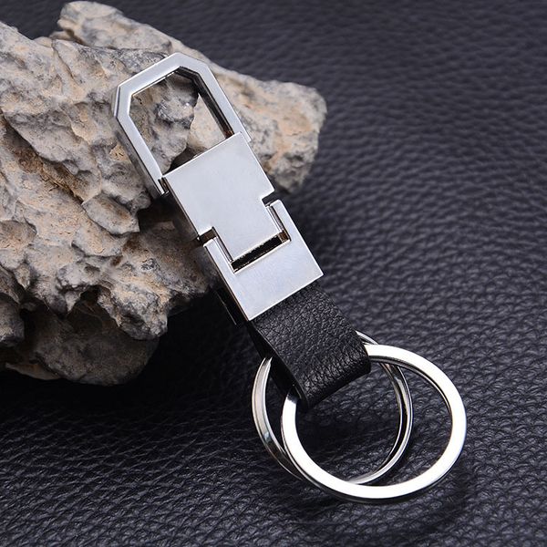 

classic design mens business gift black leather key chain silver metal double circle keychain ring
