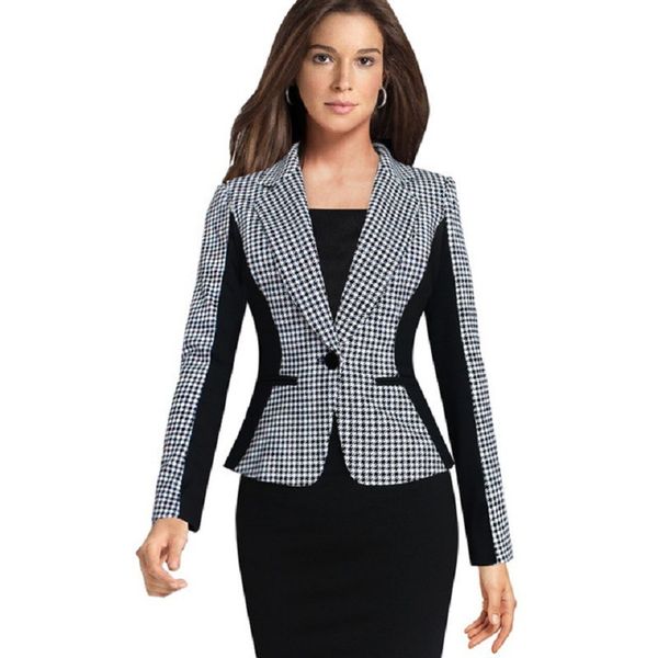 

peonfly stitching houndstooth women suit coat 2019 spring new fashion slim female single row buckle blazers jackets, White;black