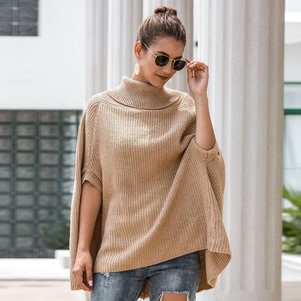 

chic women knitted cloak coat jacket loose turtleneck thick bat-shaped sweater ponchos pullover knitting coats female, Black