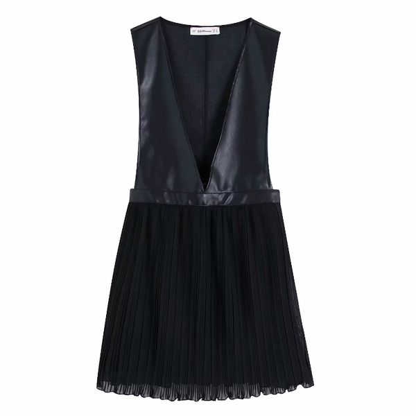 

women elegant deep v neck pu leather patchwork hem pleated chiffon mini dress autumn ladies casual vestidos black dresses ds2938, Black;gray