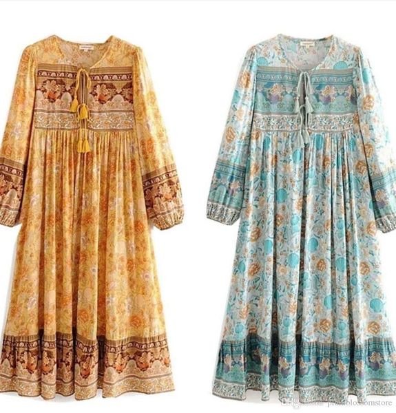 

2020 women beach floral print maxi dress v neck long sleeve vintage bohemian vacation vestidos spring summer loose casual boho dresses, Black;gray