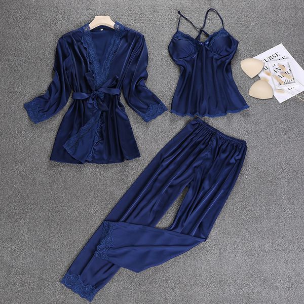

spring autumn women silk satin sleepwear set lace pajama set 3 pieces robe+slip pant fashion nightwear homewear, Black;red