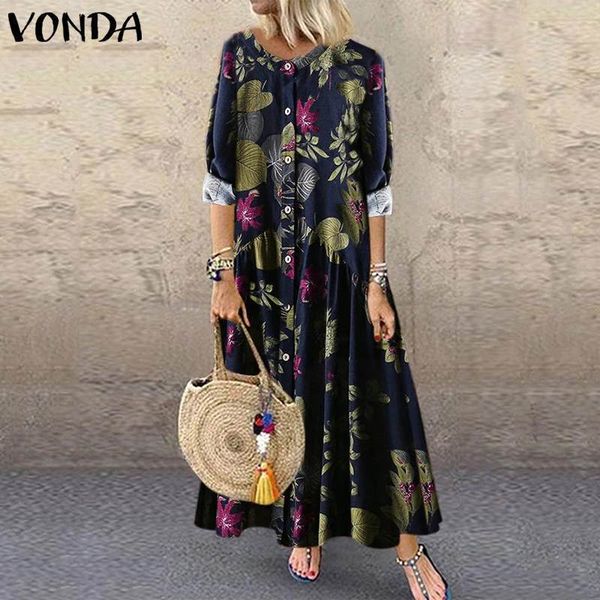 

vonda fashion floral printed maxi dress women bohemian vintage party dress 2019 casual loose long sleeve vestidos plus size robe, Black;gray