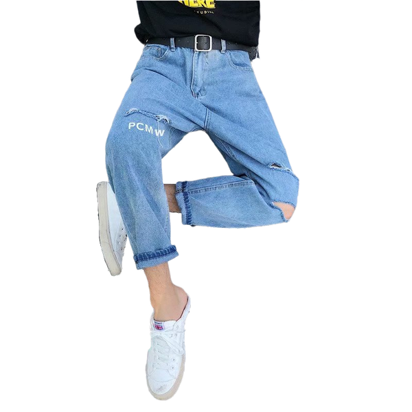 

whisnos brand men's holes patches design beggar jeans slim straight patchwork distressed torn blue stretch denim pants