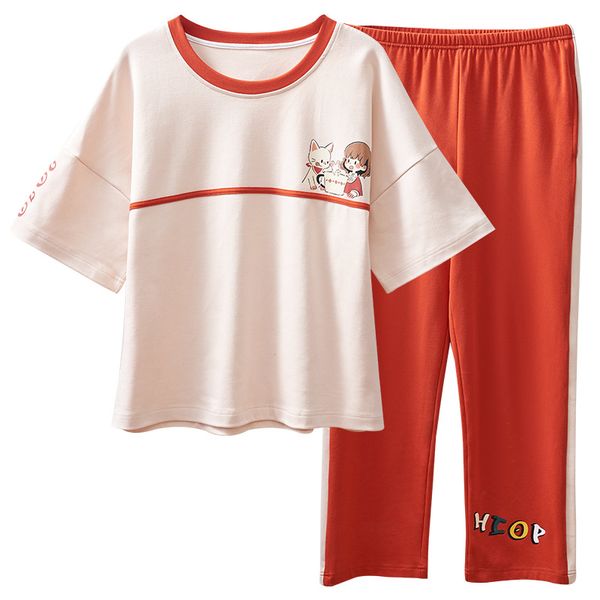 

new arrival summer pyjamas for women 100%cotton cartoon two pieces set pajamas short +long pants ladies sleepwear homewear, Blue;gray