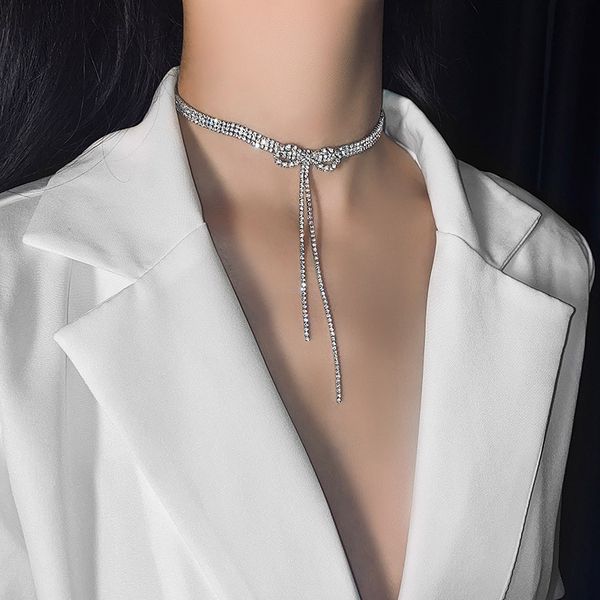 

fyuan bowknot crystal choker necklaces for women long tassel rhinestone necklaces weddings jewelry party gifts, Golden;silver