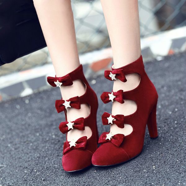 

pumps the new spring and autumn fashion round head hollow butterfly knot crystal zipper high heel women's shoes plus size 34-48, Black
