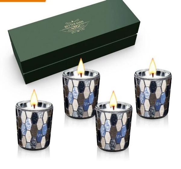 Candela per aromaterapia con mosaico in oro nero, set di quattro pezzi di olio essenziale di pianta, cera di soia, candela senza fumo ecologica wl1030