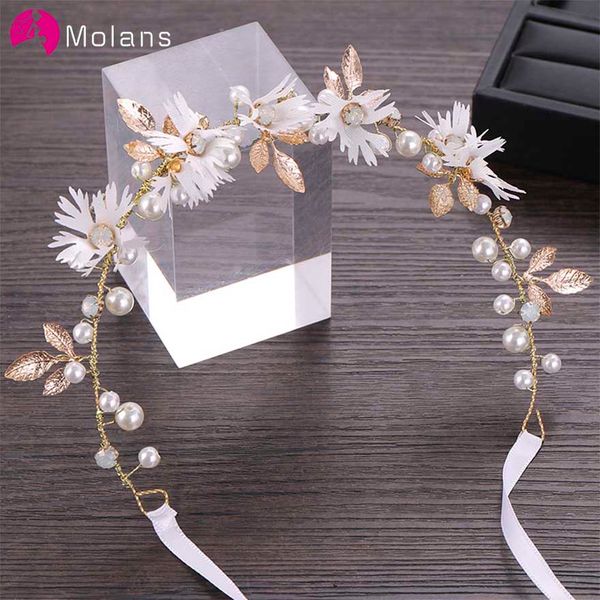 

molans 2019 new style simple floral pearl bride hair accessories handmade fabric flower alloy leaf ribbons wedding hairbands