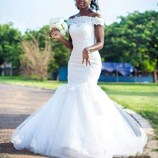 

african off shoulder lace mermaid wedding dresses 2020 with appliques sweep train cap sleeves tulle wedding bridal gowns, White
