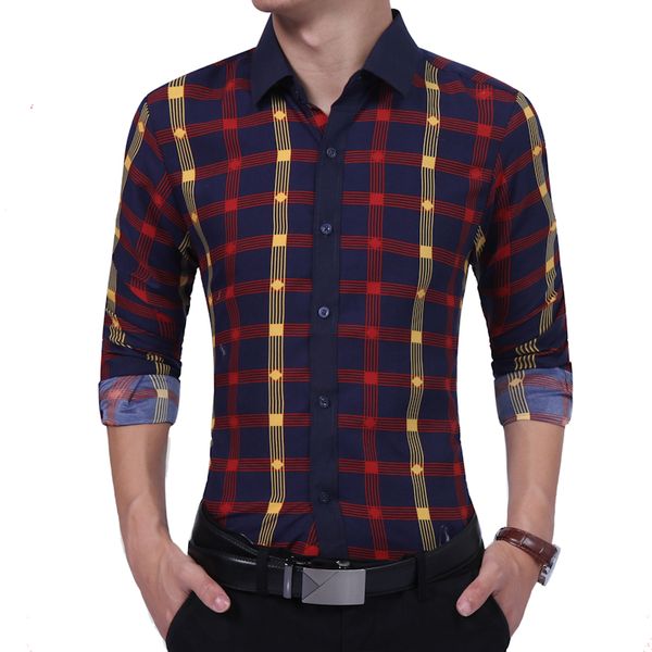 

2019 autumn winter new men shirt fashion contrast color plaid long-sleeved shirt society business camisa masculina, White;black
