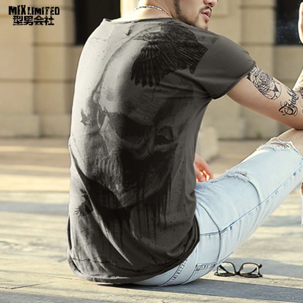 

summer retro washed dark gray back big skull printing t-shirt men's casual short sleeved t-shirt brand clothing cotton tees, White;black