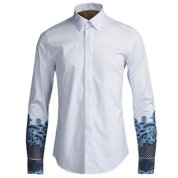 

auspicious clouds embroidery men shirts slim body classic non ironing shirt casual breathable clothing fashion basic shirts 4xl, White;black