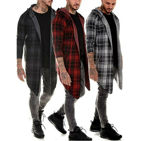 

2019 autumn new korean long-sleeved shirt men's slim long cardigan sweater coat men long sleeve hoodie hooded plaid outwear, Black
