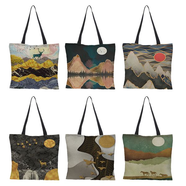 

ins painted and image printed tote bag linen fabric bag casual folding shopping outdoor beach daily handbag 43*43cm
