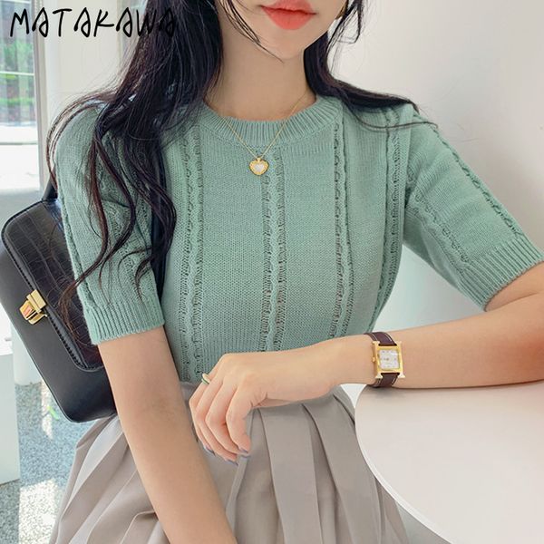 

matakawa summer round neck hollow out ladies korean chic vintage knit shirt twist slim short sleeve sweater women, White;black