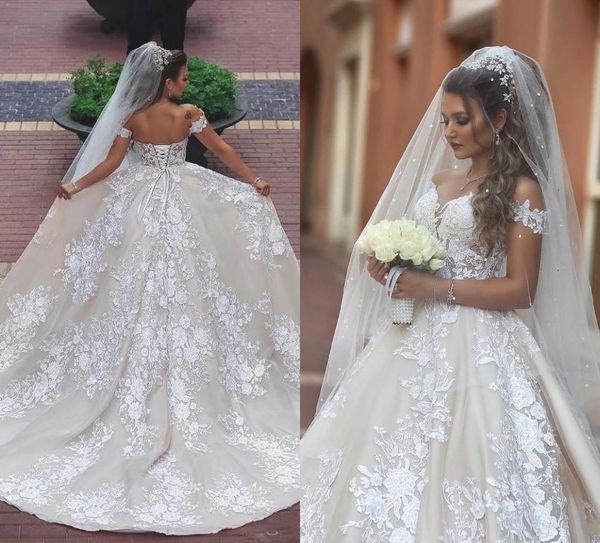 

said mhamad lace wedding dresses 2020 appliques off the shoulder princess bridal gowns lace up back count train beach wedding dress, White