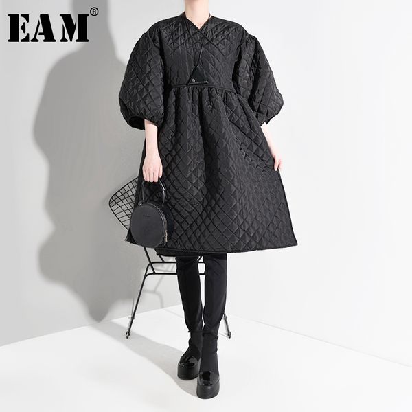 

eam] black split cotton-padded coat long lantern sleeve loose fit women parkas fashion tide new autumn winter 2020 a327