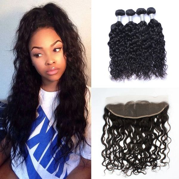 

water wave bundles with frontal mongolian hair lace frontal closure with bundles human hair 4 bundles and closure, Black;brown