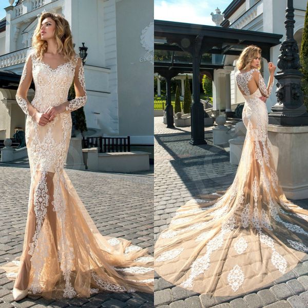 

champagne illusion 2019 mermaid wedding dresses lace appliqued sheer v neck long sleeve bridal gowns country boho beach wedding dress, White