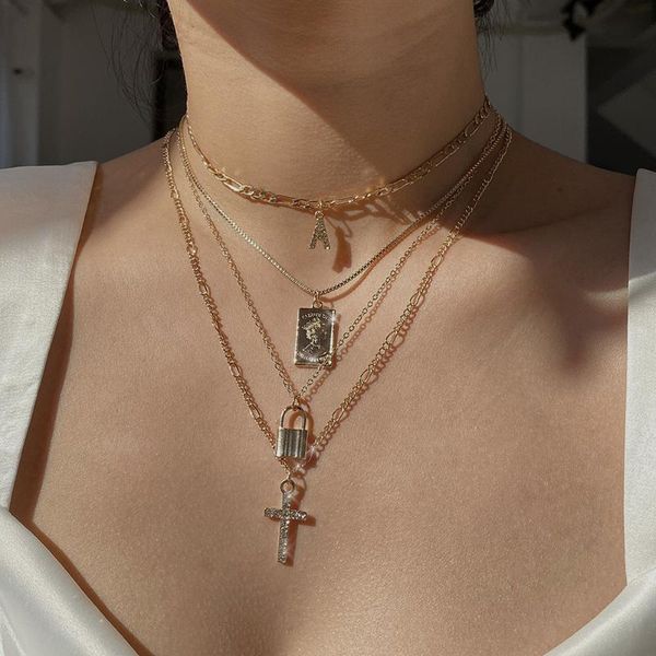 

vintage boho fashion crystal cross letter a lock human head pendant necklaces for women geometric multilevel necklace jewelry, Silver