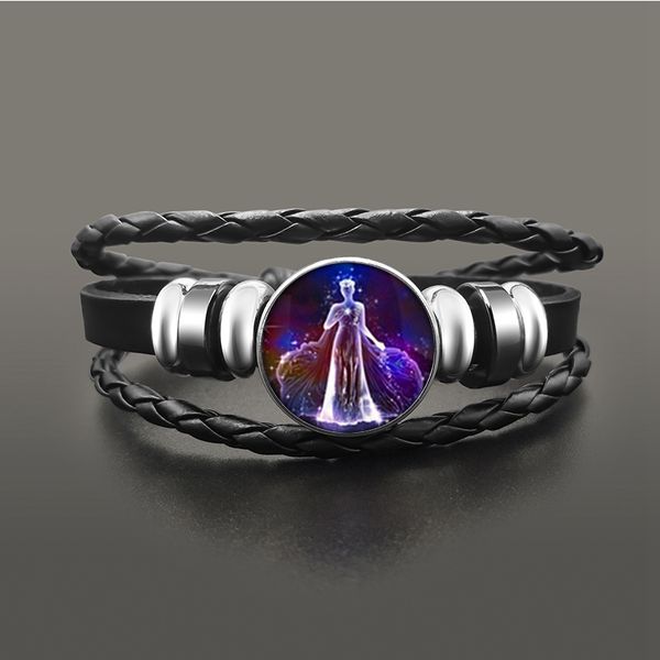 

vintage 12 constellation snap button bracelet gemini virgo libra black leather bracelets for women men punk jewelry, Golden;silver