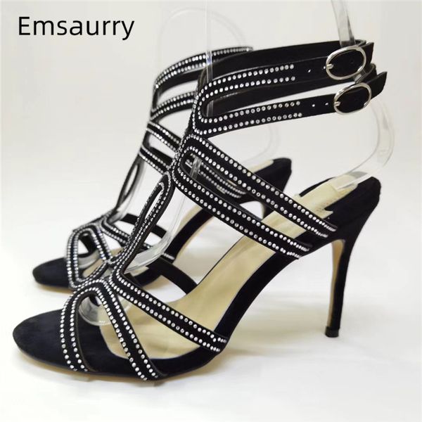 

jeweled crystal fretwork runway shoes woman stiletto heel ankle strap open toe narrow band rhinestone sandals women, Black