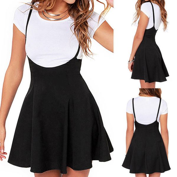 

summer newly sleeveless fashion casual women dress waist suspender black skater high waist mini pleated dress size s 2xl designer clothes, Black;gray