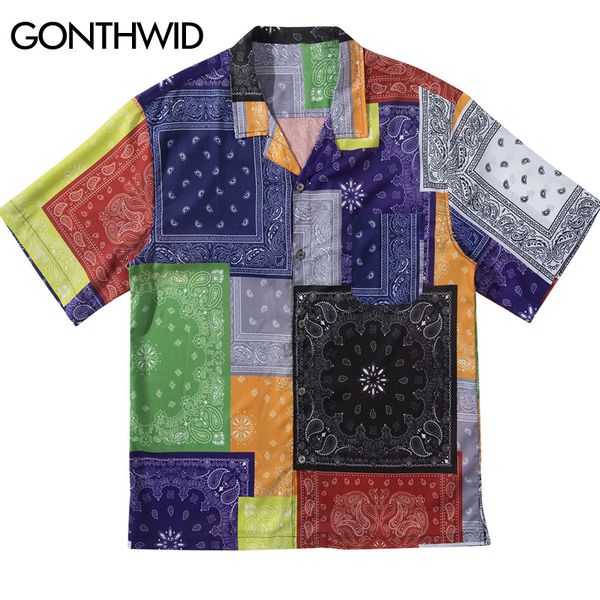 

gonthwid cashew floral flowers color block print shirts jackets streetwear hip hop harajuku short sleeve jacket coat summer, White;black