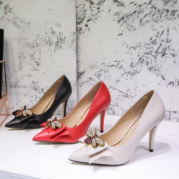 

brand designer luxury women shoes pointed bow bee high heels dress shoes classic shallow mouth lady fashion shoes, Black