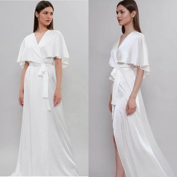 Дешевые белые свадебные халаты V-образным вырезом рябить атласные халаты пижамы пижамы на заказ лодыжки длиной ночная рубашка для женщин горячая распродажа