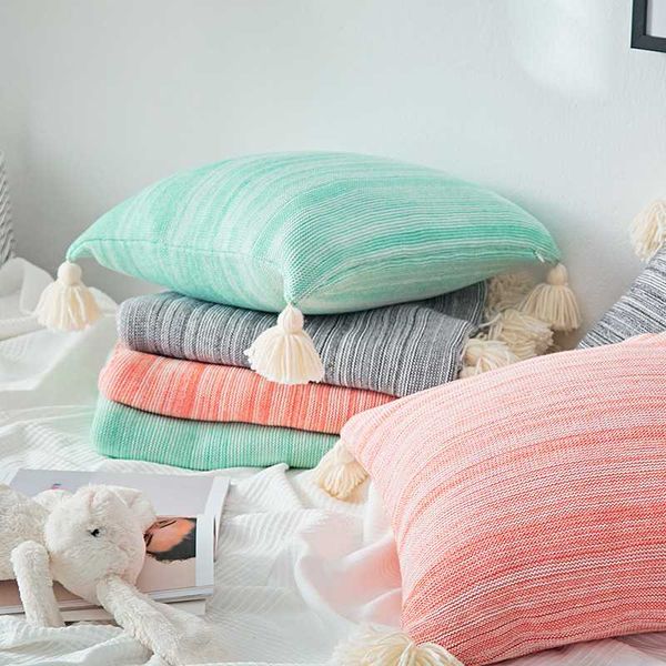 

cotton knit cushion cover fringed tassels solid pillow case soft sofa bed room decorative pillowcase 45*45cm