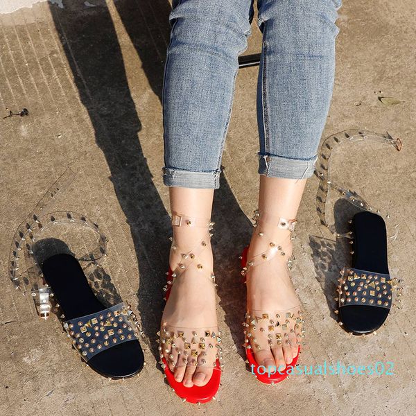 

mcckle women rivet sandals ankle strap line style buckle ladies transparent bling metal flats summer shoes cool girl women's t02, Black