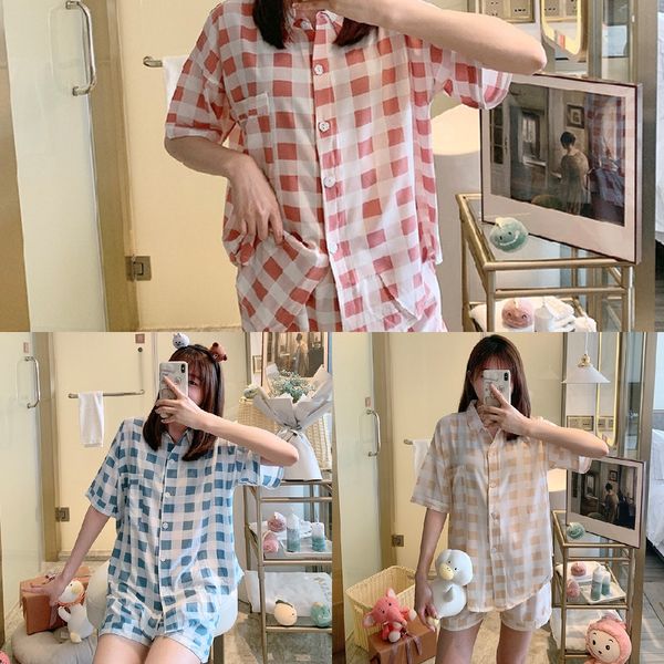 

pajamas women's clothes home furnishing clothing simple suit wale cotton plaid cardigan suit loose home clothes women's, Blue;red