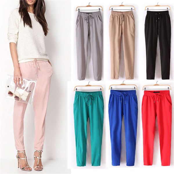 

trousers chiffon drawstring women sweet elastic women solid color drawstring elastic waist chiffon trousers harem pants sweet, Black;white