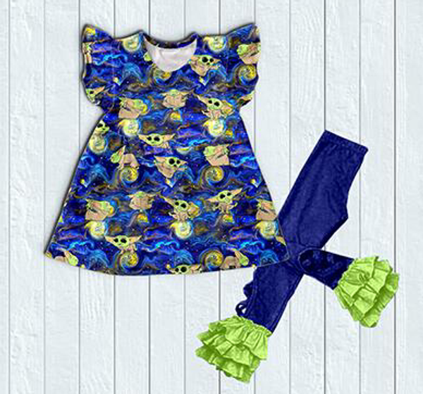 

summer children's outfit flutter sleeve cartoon print blue icing leggings, White