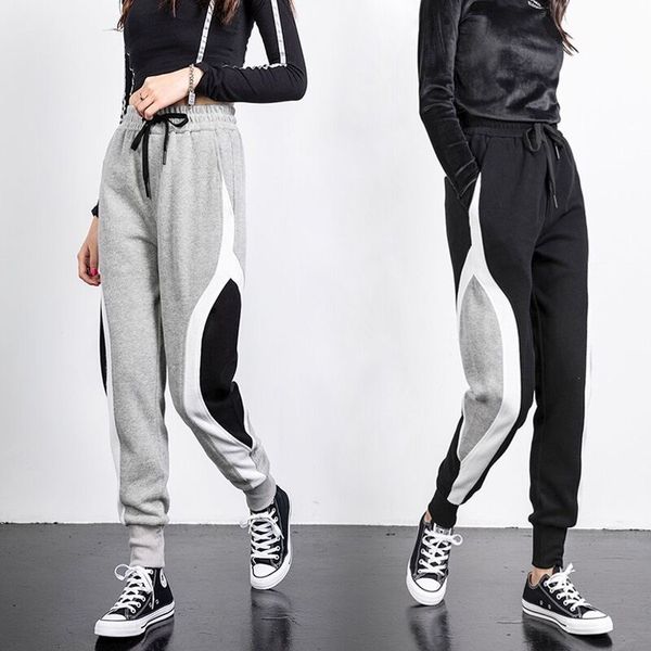 

women's pants & capris women fashion jogger female korean black grey spliced high waist drawstring trousers ladies casual slim, Black;white