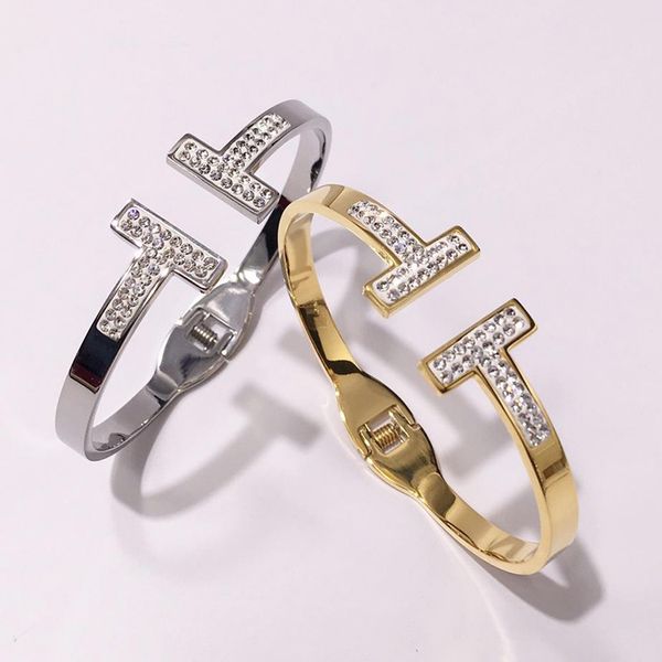 

Fashion Stainless Steel Double T Bracelet bangle with diamond jewelry Cuff 18K Rose Gold plate Bangles For Women Love Bracelet gift no logo