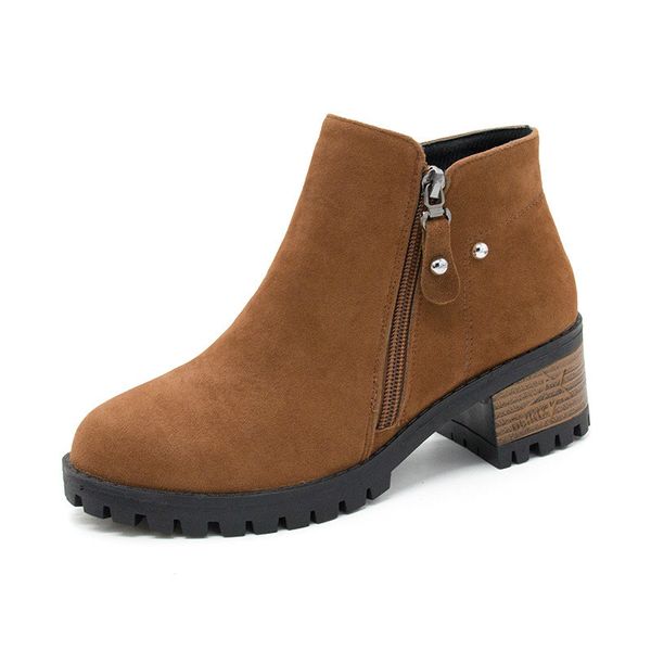

winter new british style side zipper thick heel boots non slip warm matte nude boots, Black