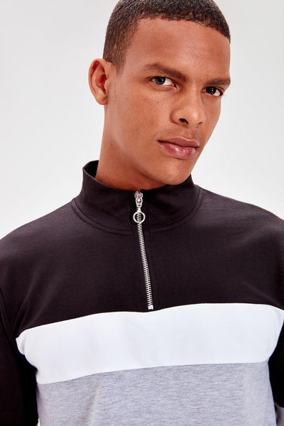 

trendyol black men panelled long sleeve crew neck zip-up sweatshirt tmnaw20sw0129
