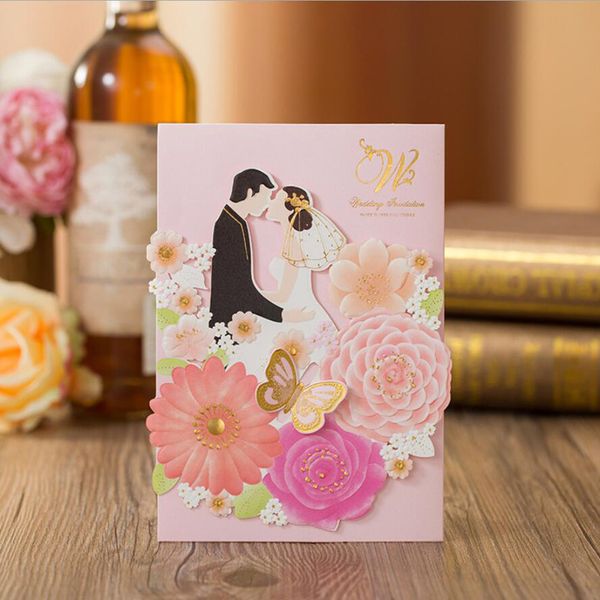 

50 pieces/lot) new 3d pink flower wedding invitations bride & groom personalized print marriage greeting card cx073