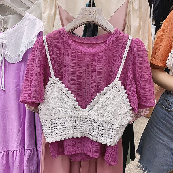 

summer pleated chiffon shirt new korean-style puff sleeve pullover small shirt hollow-out wear strap t crop twopiece t, White