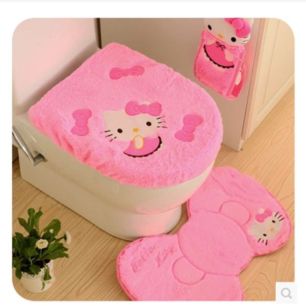 Cute Hello Kitty Toilet Lid Cover Floor Mats Three Piece